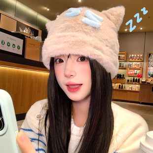 毛绒可爱困觉猫耳帽子冬季保暖毛绒护耳包头亚文化秋冬个性表情