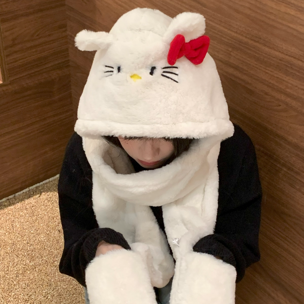 可爱kt猫连帽围脖加厚保暖毛绒帽