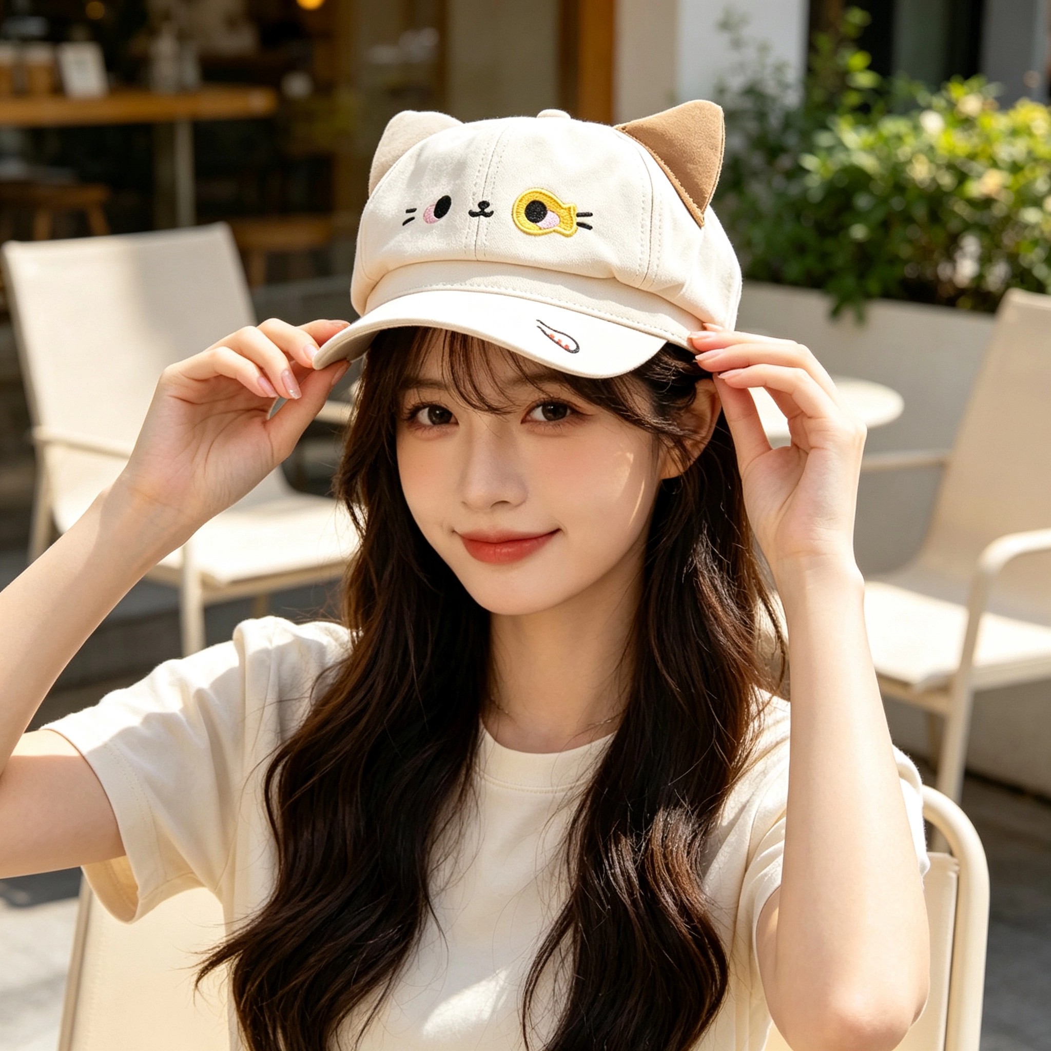 可爱卡通小猫耳朵刺绣八角帽子女春夏季甜美百搭显脸小遮阳画家帽