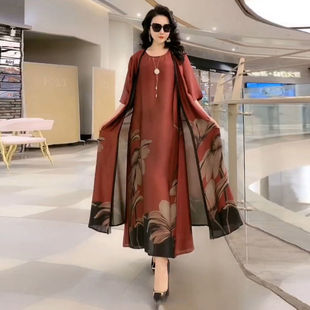 真絲大碼 寬松印花桑蠶絲連衣裙兩件套 顯瘦氣質媽媽裝 2025春夏新款