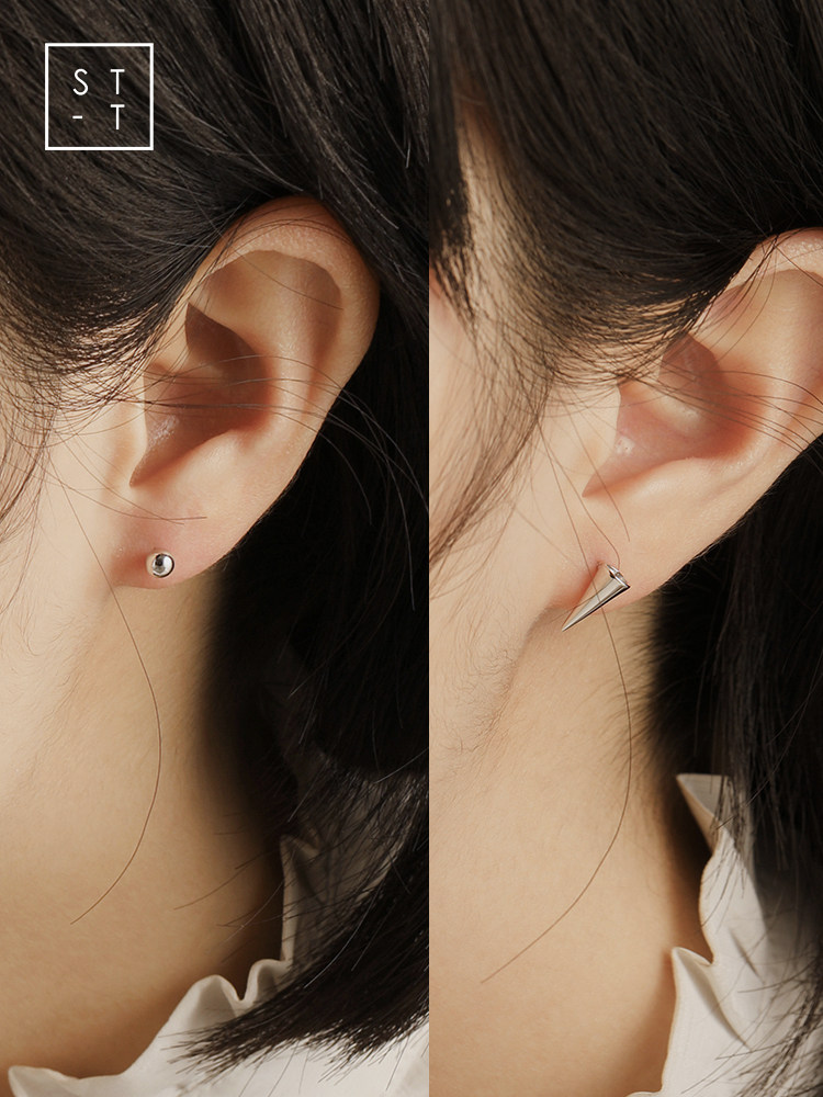 t Mrs. Shen S925 sterling silver earrings Japanese Korean temperament simple asymmetrical small silver ball cone earrings female personality