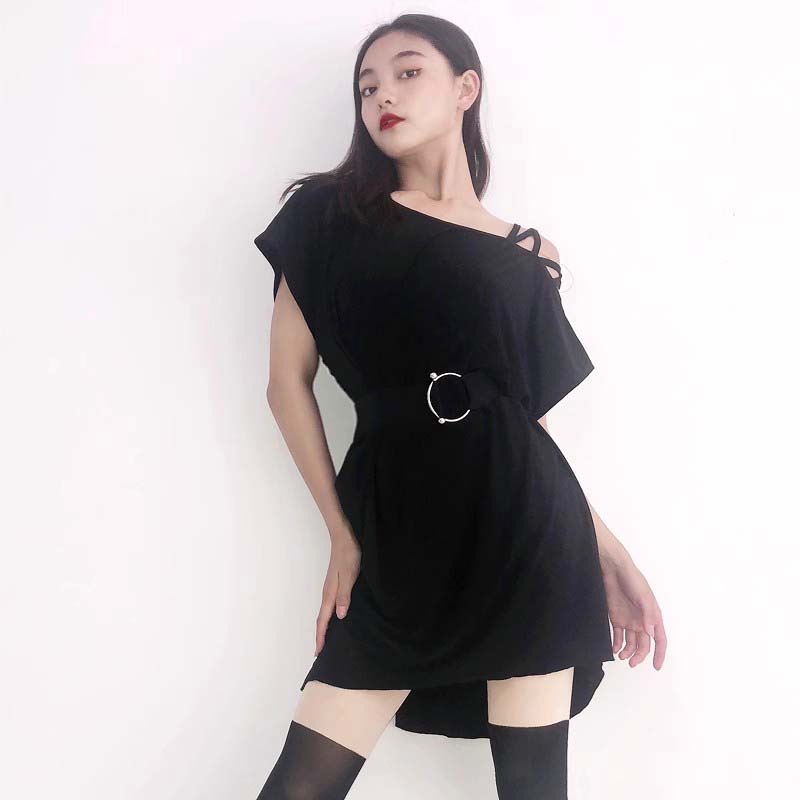 拉丁舞蹈服黑色连衣裙斜露肩跳舞练功服宽松练舞裙女成人舞蹈班服