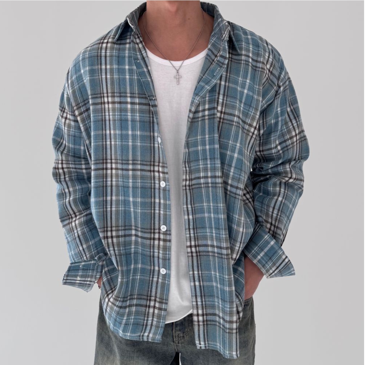 韩国男装混色格子纹慵懒棉质衬衫