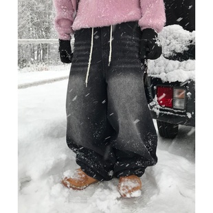 MRDONG韩国代购 男女水洗水洗抽绳松紧腰宽松街头高品直筒牛仔裤