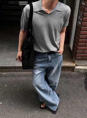 MRDONG韩国代购东大门男装LOGAN天丝薄款翻领针织POLO短袖T恤清爽