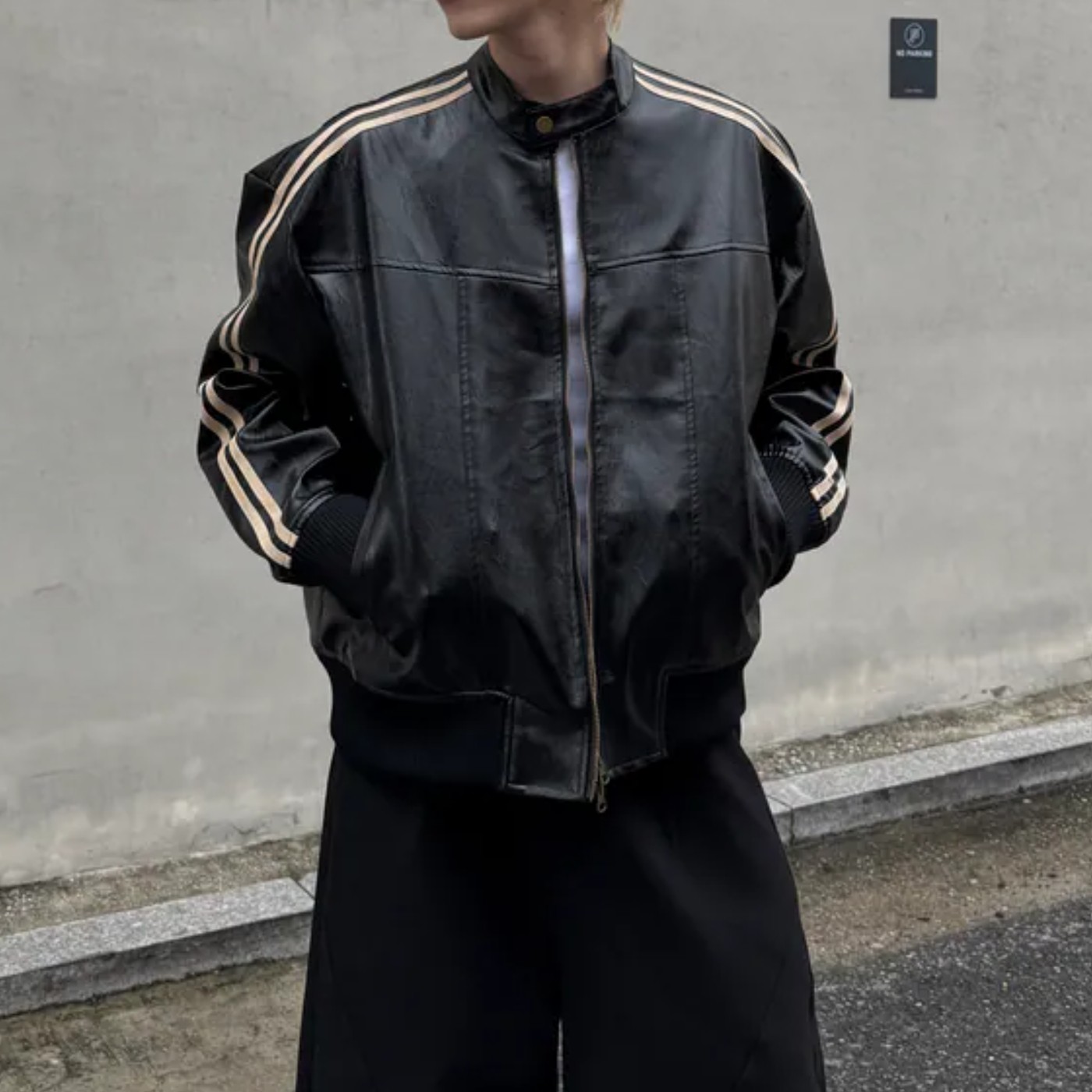 MRDONG韩国男装代购立领按扣短款赛车服双线条设计师PU皮夹克外套