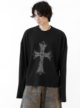 MRDONG韩国代购男装小众格莱姆十字图案华夫格宽松长袖廓形T恤潮