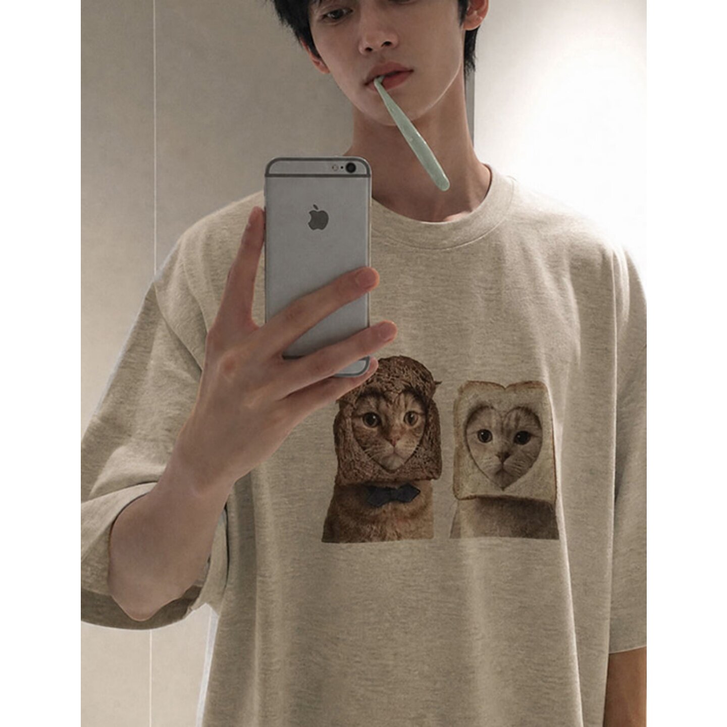 MRDONG韩国代购东大门男女猫咪面包印花宽松短袖T恤萌趣小众潮款