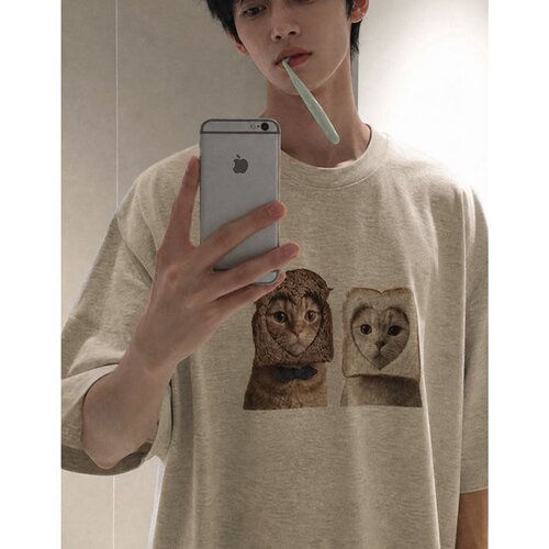 韩国代购猫咪面包印花宽松短袖T
