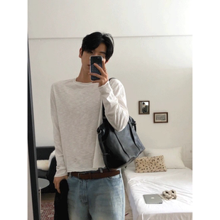 MRDONG韩国代购东大门男装竹节裁边长袖T恤短款薄软松弛慵懒调性