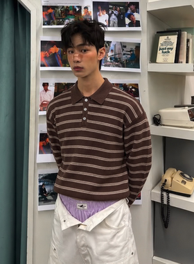 韩国代购条纹多色翻领短款针织衫