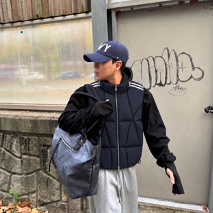 MRDONG韩国代购东大门男装直播OWN条纹男女几何压线棉服马甲小众