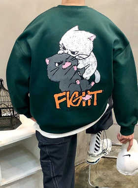 MRDONG韩国代购男装打架猫咪插画街头风格圆领加绒卫衣潮玩个性