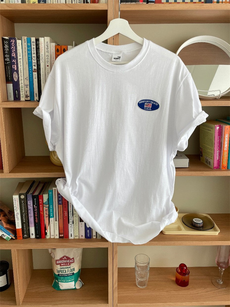 韩国代购男女同款东大门usa国旗胸前徽章刺绣潮流宽松休闲短袖t恤
