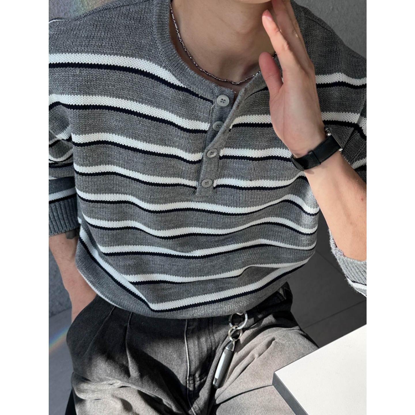 MRDONG韩国代购男装细条纹亨利领针织衫配色清爽弹力袖口收边耐看