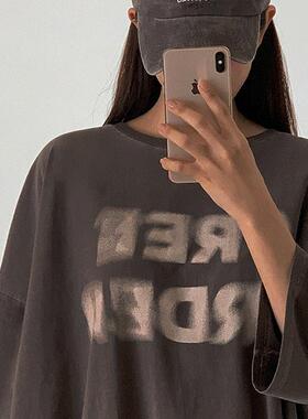 MRDONG韩国代购男女设计师做旧染字母喷绘宽松短袖短袖T恤春夏