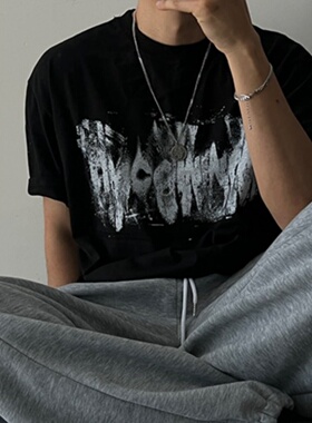 MRDONG韩国代购男装冷感涂鸦短袖衫宽松圆领做旧街头情侣上衣T恤