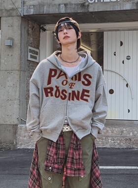 MRDONG韩国代购男装巴黎字母连帽拉链卫衣宽松毛圈短款春季外套潮