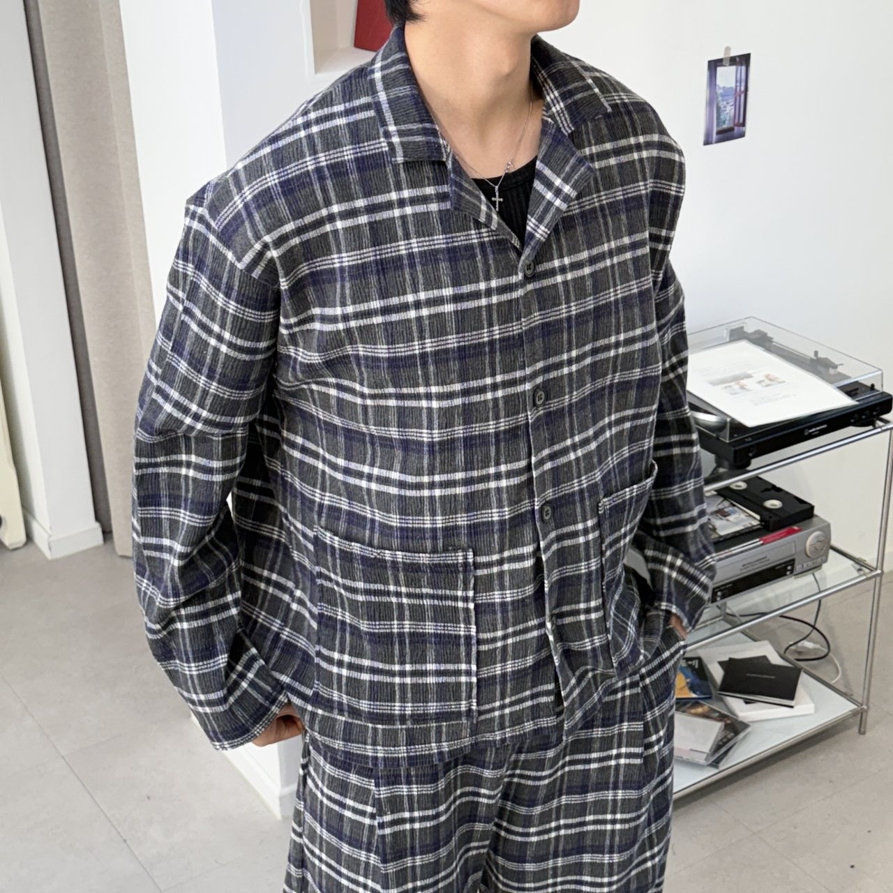 韩国男装褶皱纹理舒适格子衬衫