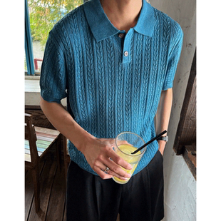 MRDONG韩国代购东大门男装天丝麦穗麻花纹翻领短袖T恤针织衫POLO