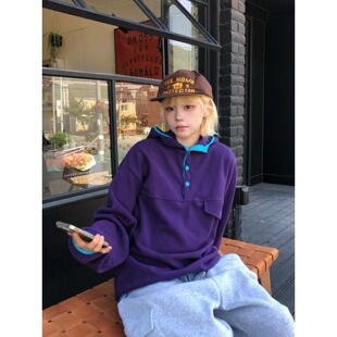 MRDONG韩国代购东大门男女撞色按扣摇粒绒半开领宽松潮流套头卫衣