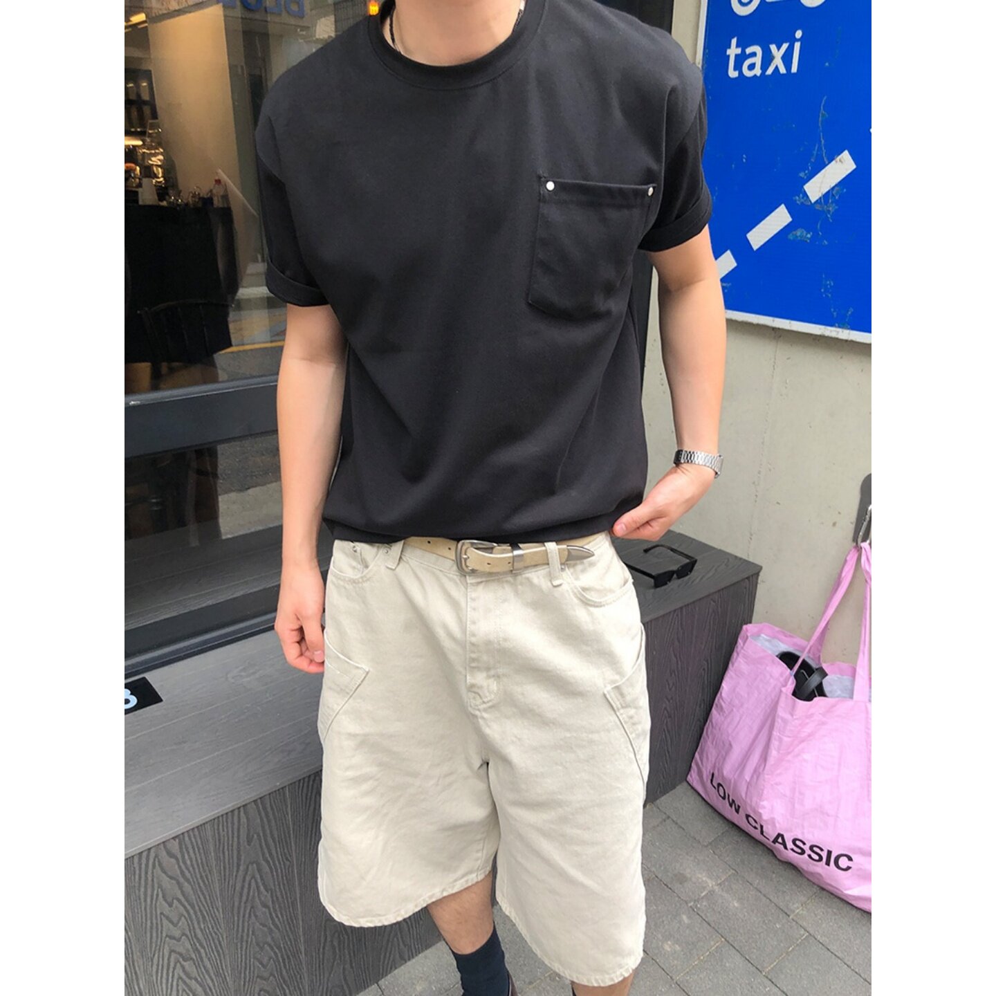 MRDONG韩国代购东大门男装拉夫口袋短款圆领短袖T恤夏款轻奢潮牌