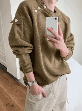 MRDONG韩国代购男装斜袋设计针织圆领廓形毛衣男轻奢风格气质呈现