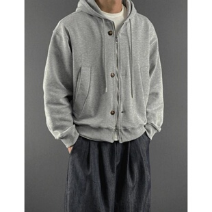 MRDONG韩国代购男装设计师拉链连帽卫衣开衫短款灰杏黑层次感潮流