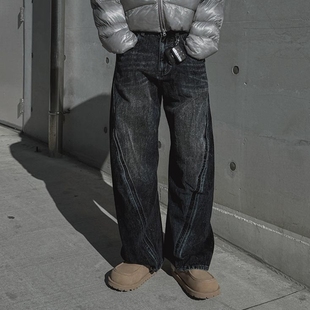 MRDONG韩国男装代购水洗错位双线拼接锈渍印染dirtyfit直筒牛仔裤