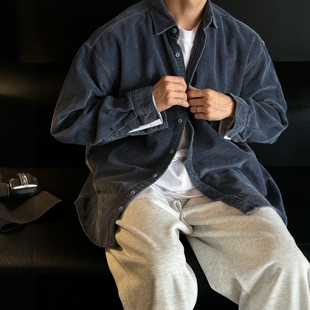 韩国男装代购直播W&W灯芯绒厚款纯棉水洗设计师高品宽松长袖衬衫