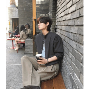 MRDONG韩国代购东大门男装圆领坑纹长袖开衫外套利落短款轻熟气质