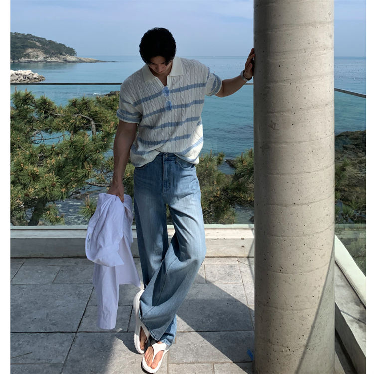 韩国男装竖条纹理重工水洗牛仔裤