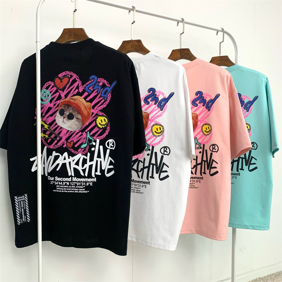 韩国男装代购2ND潮流街头设计师墨镜猫咪可爱减龄涂鸦阔版短袖T恤