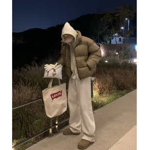 MRDONG韩国男装代购LOGAN高档匹马棉加绒简洁风宽松直筒休闲卫裤