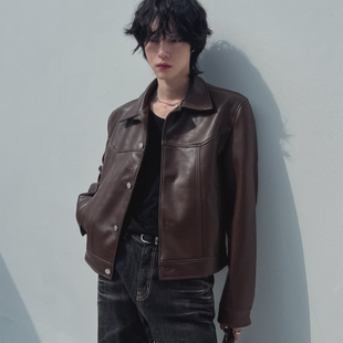 韩国代购男装福利秒杀小红花家翻领拼接压线短款设计夹克皮衣外套