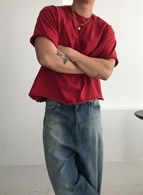 MRDONG韩国代购男装26春夏裁剪短款宽版落肩纯色短袖T恤上衣小众