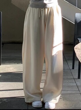 韩国代购直播福利秒杀supermarket重工方格纹理针织垂感阔休闲裤