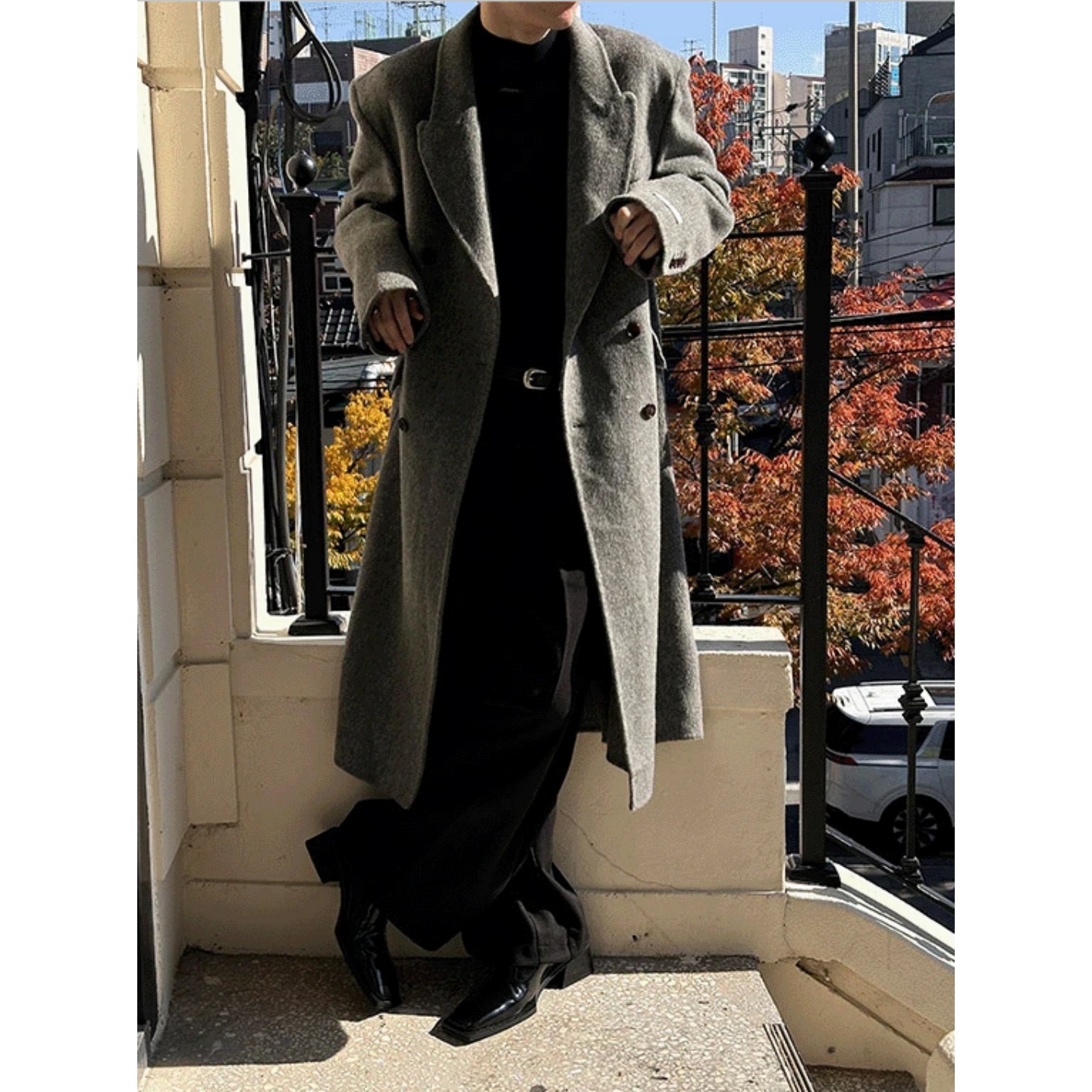 韩国男装双排扣过膝羊毛呢大衣