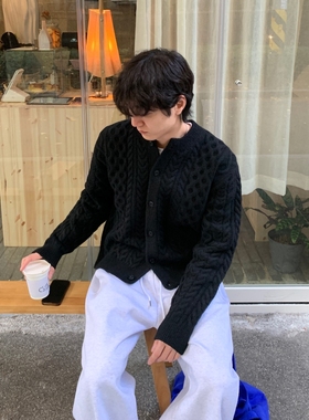 韩国男装代购直播LAINE高档美利奴羊毛蓬松麻花圆领针织开衫外套