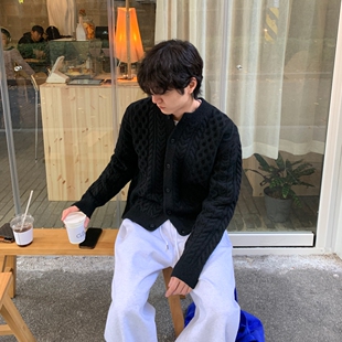 韩国男装代购直播LAINE高档美利奴羊毛蓬松麻花圆领针织开衫外套