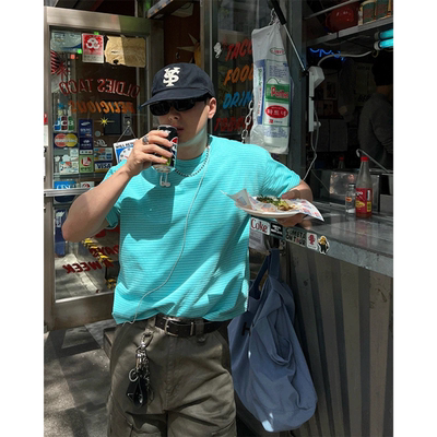 韩国代购高奢细条纹短款短袖T恤