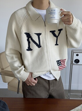 MRDONG韩国代购男装美式NY字母针织拉链翻领外套复古气质小众款