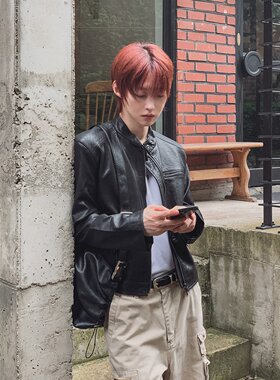 韩国代购复古做旧拼接机车PU夹克