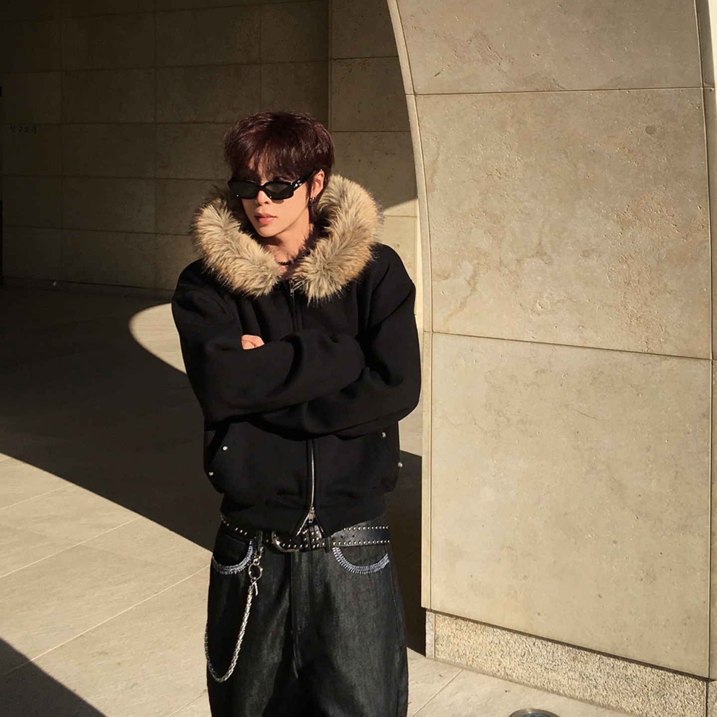 MRDONG韩国男装代购时尚毛绒连帽短款设计师双向拉链加绒卫衣外套