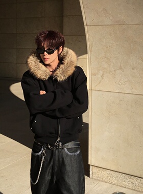 MRDONG韩国男装代购时尚毛绒连帽短款设计师双向拉链加绒卫衣外套