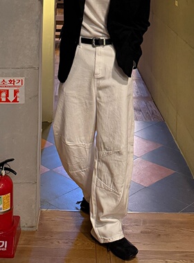 MRDONG韩国代购男装白色打褶弧形立体剪裁宽松气球牛仔休闲长裤款