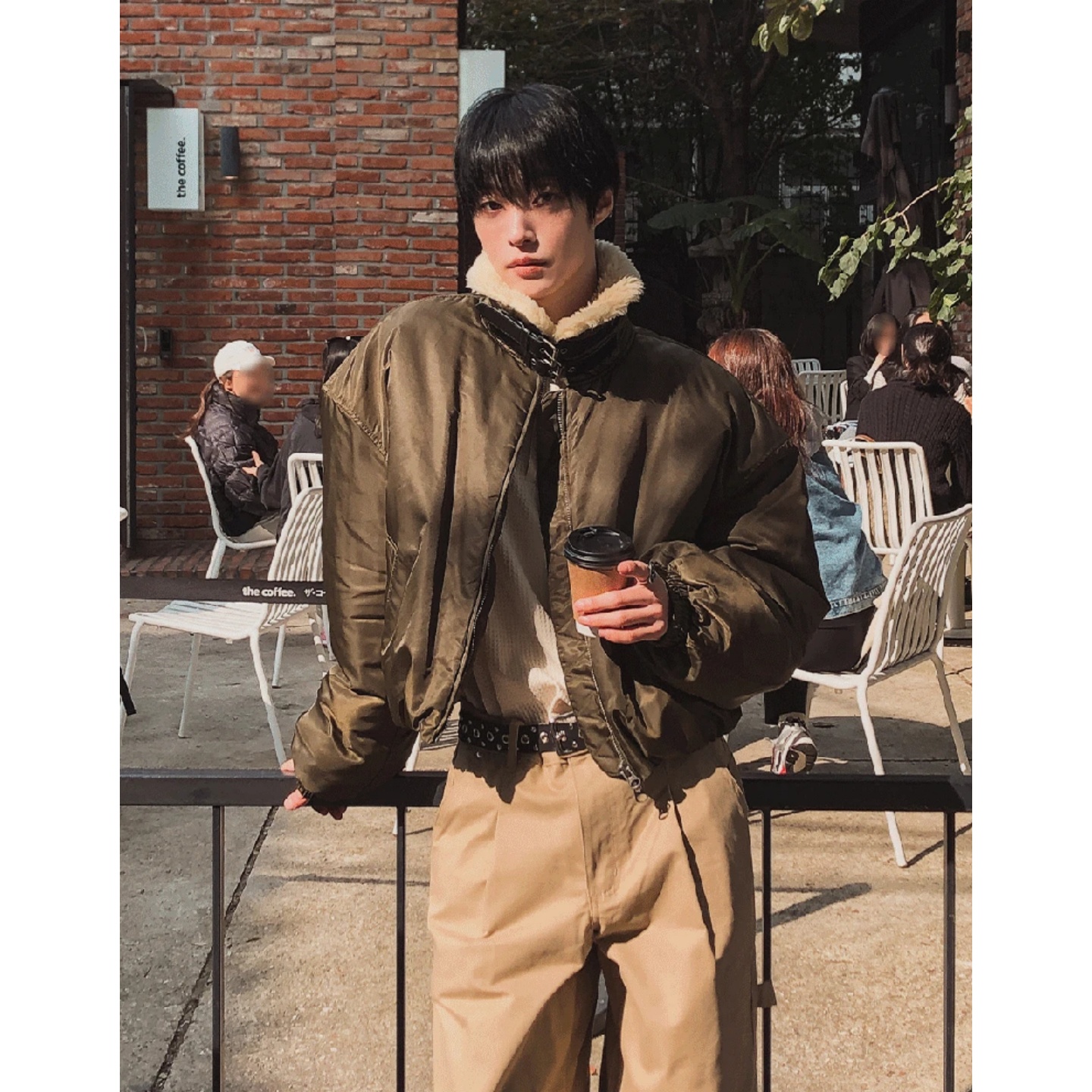 MRDONG韩国男装代购毛绒翻领落肩阔版短款高腰设计师棉服夹克外套