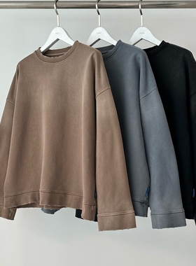 MRDONG韩国代购男装PURE重磅水洗落肩宽体做旧圆领卫衣潮感强