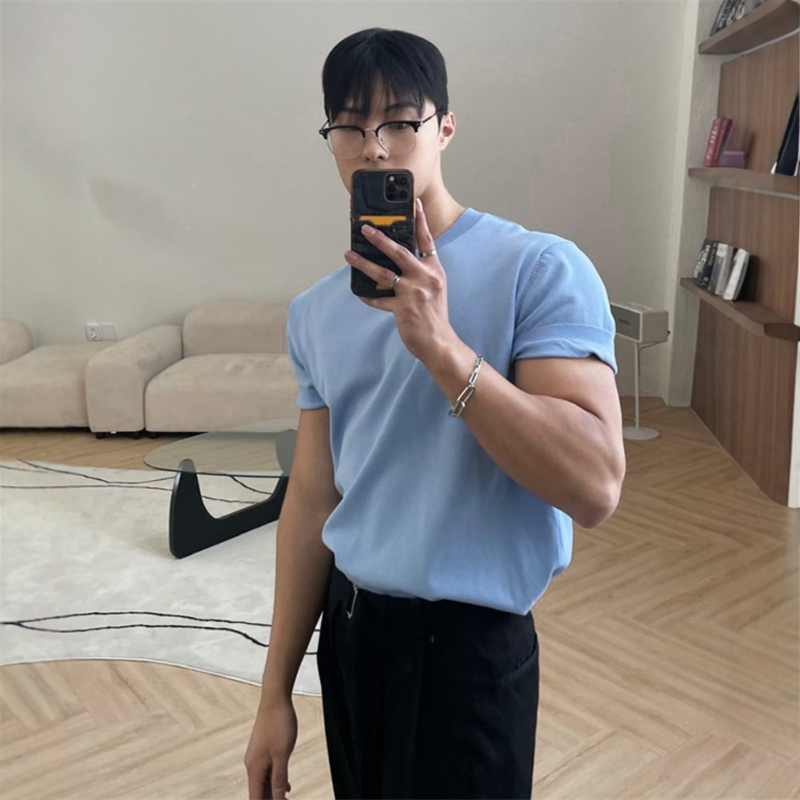 韩国男装人造丝亚麻针织短袖T恤