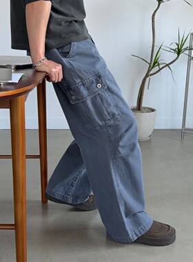 MRDONG韩国代购男装工装翻盖口袋牛仔阔腿休闲长裤直筒宽松设计感